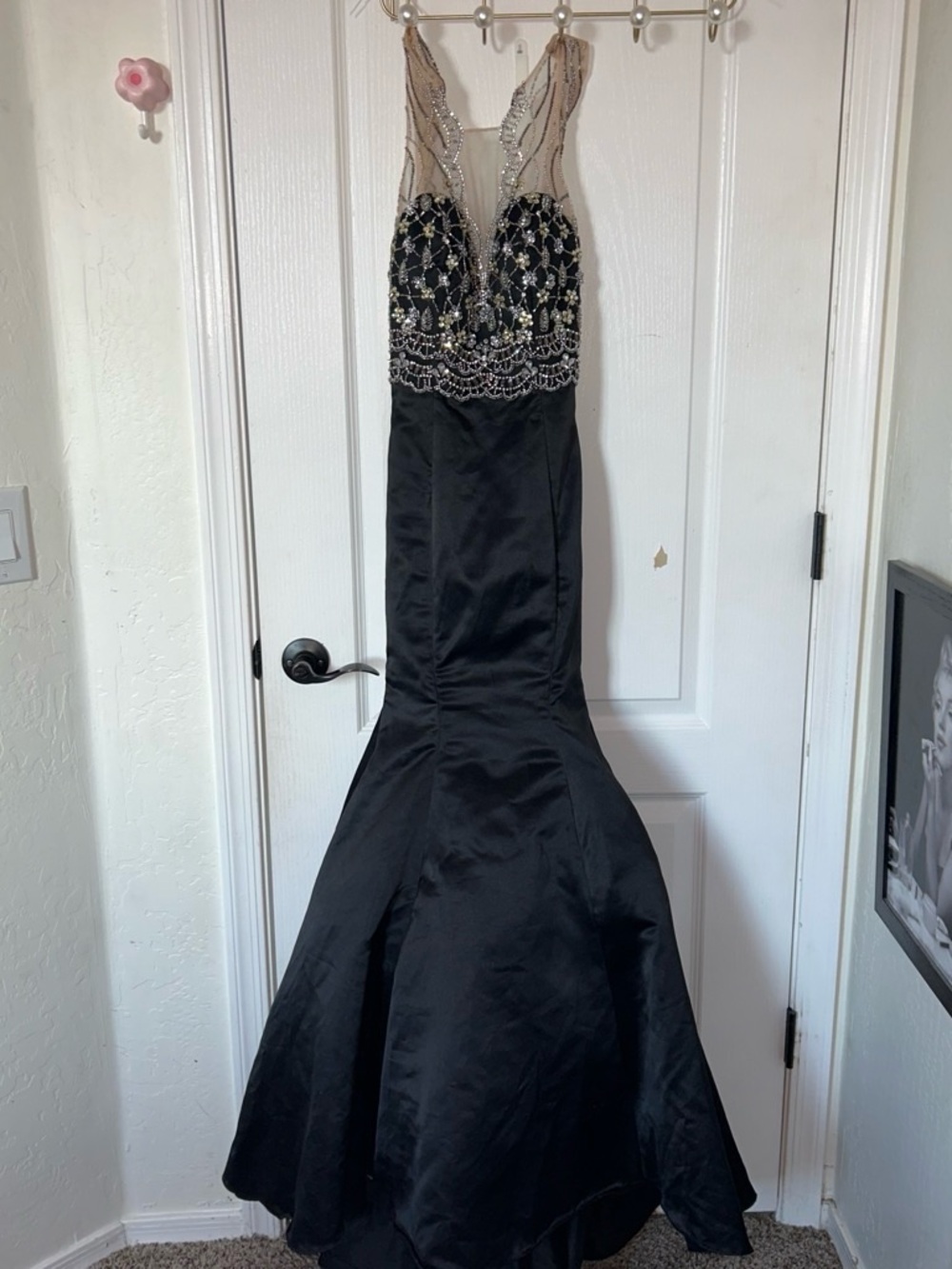 Black Beaded Illusion Neck Mermaid Evening Dress